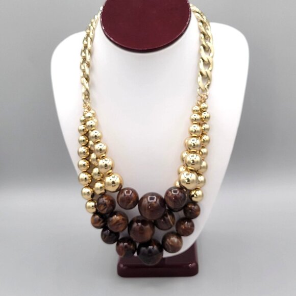 Erica Lyons Chunky Beaded Statement Necklace Gold Brown Beads Triple Strand - Picture 1 of 9